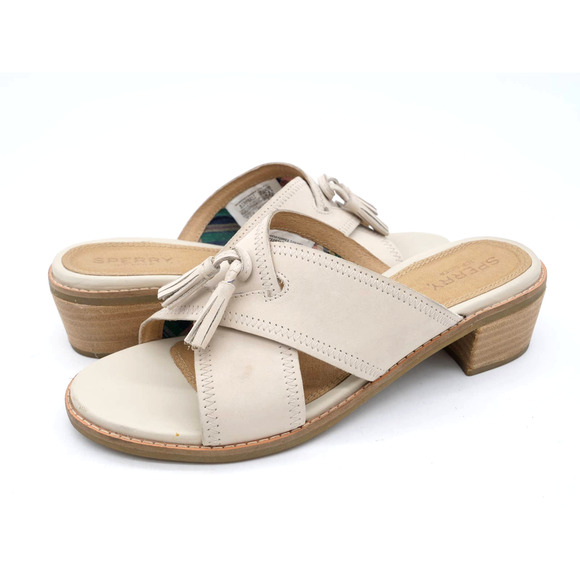 Sperry Sandals Womens 7 Beige Leather Slip On Open Toe Tasseled Stacked Heel - Picture 1 of 12
